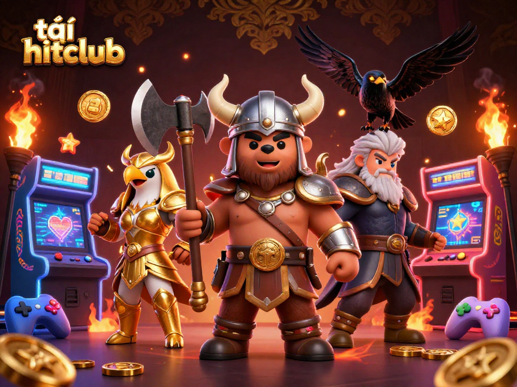 Engage with the vibrant world of tải hitclub through a 3D gaming cinematic showcasing a Viking warrior, Valkyrie eagle, and mystical elements.