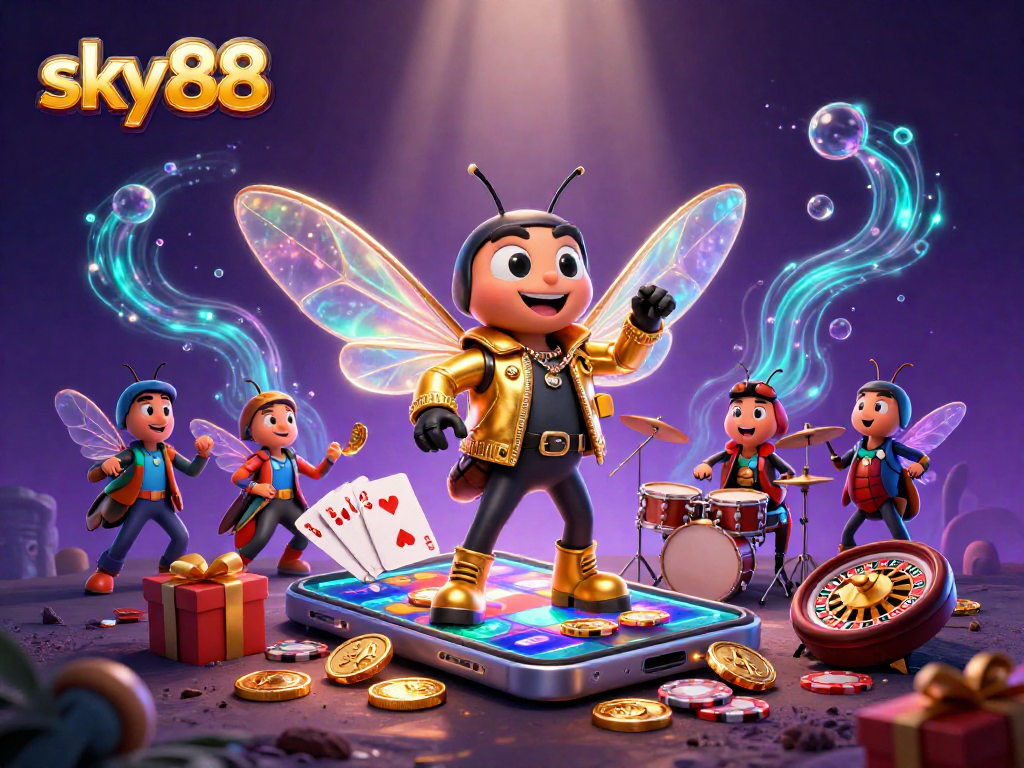 Engage in thrilling gameplay at sky88 with vibrant slot games and dynamic casino elements surrounding a rock star ensemble.