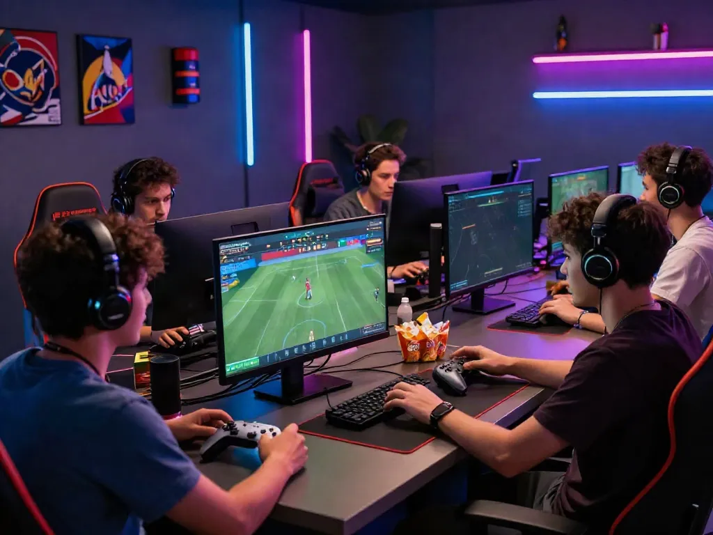 Group enjoying online betting at https://debet.gb.net/ in a vibrant gaming room.