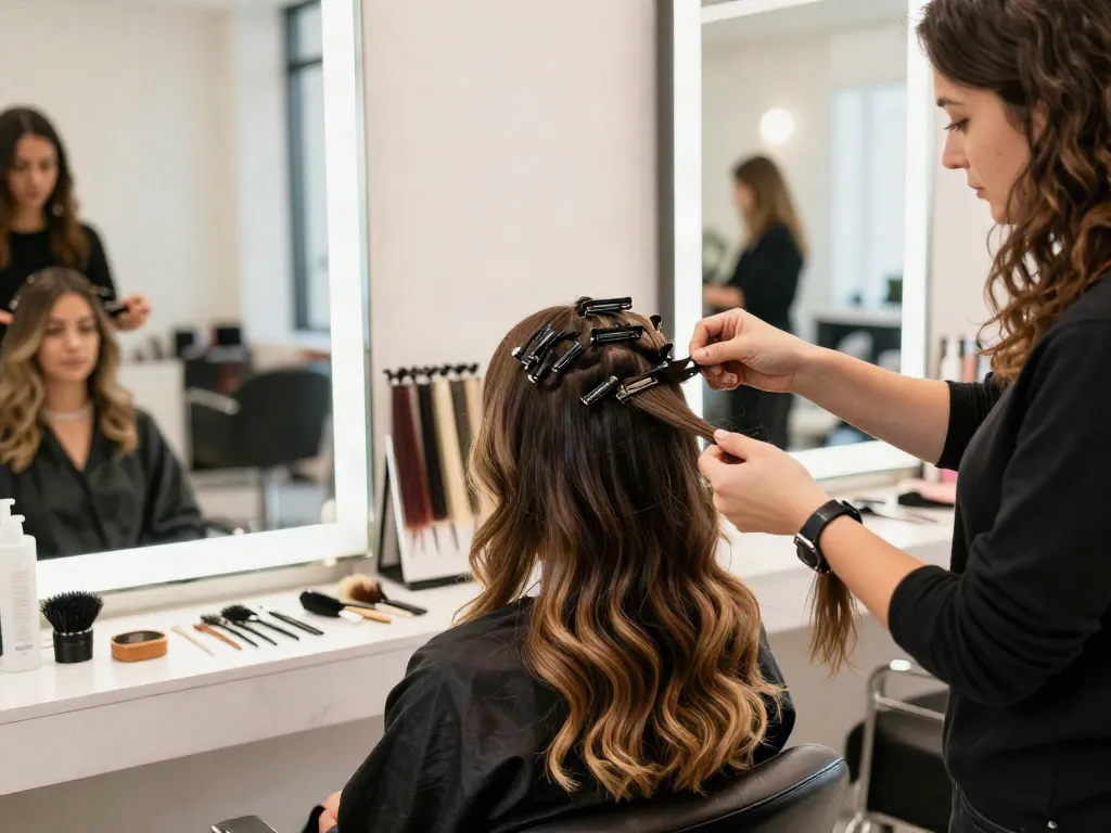 Client receiving hair extensions and accessories application in a stylish salon, featuring various shades and tools for a perfect look.