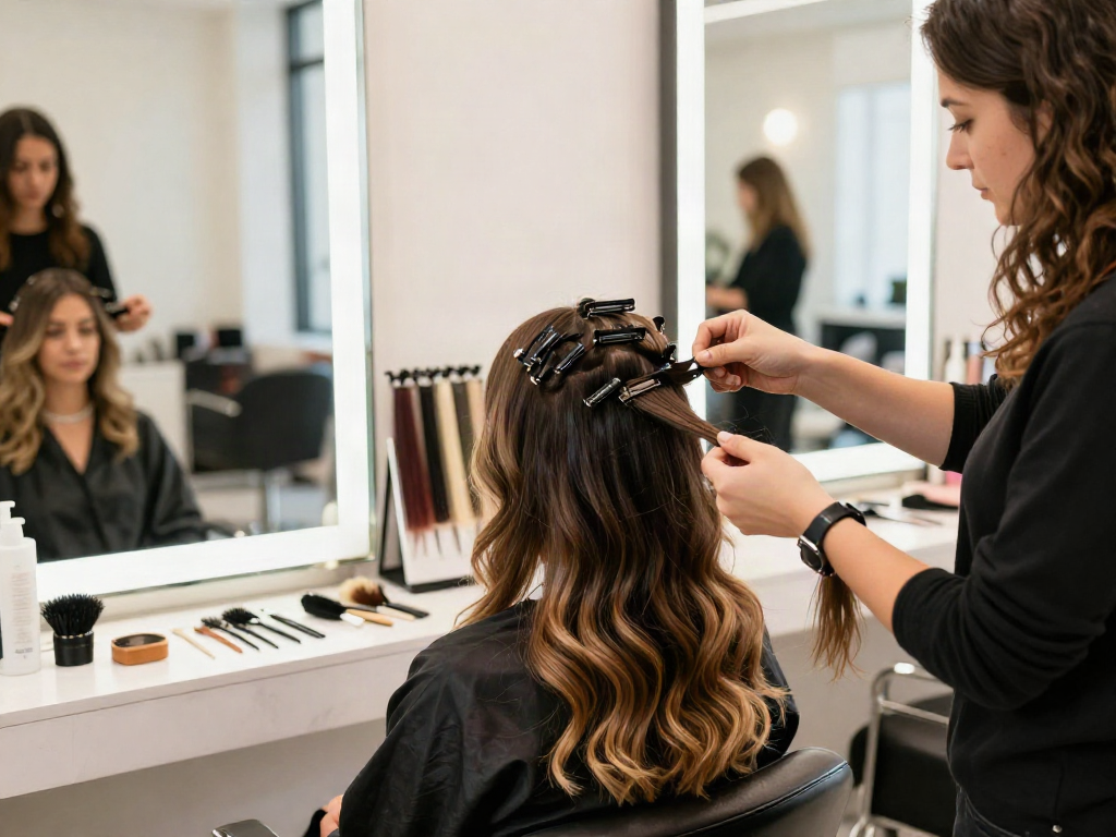 Client receiving hair extensions and accessories application in a stylish salon, featuring various shades and tools for a perfect look.