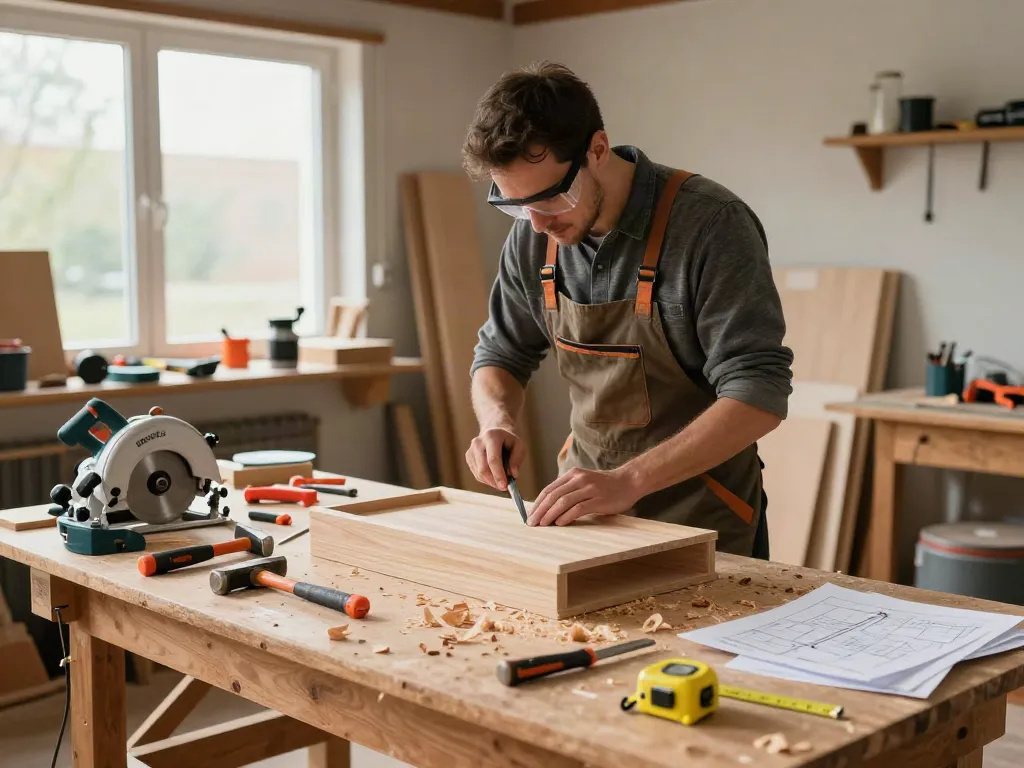 Craftsman using bosch hand tools to build furniture in a workshop