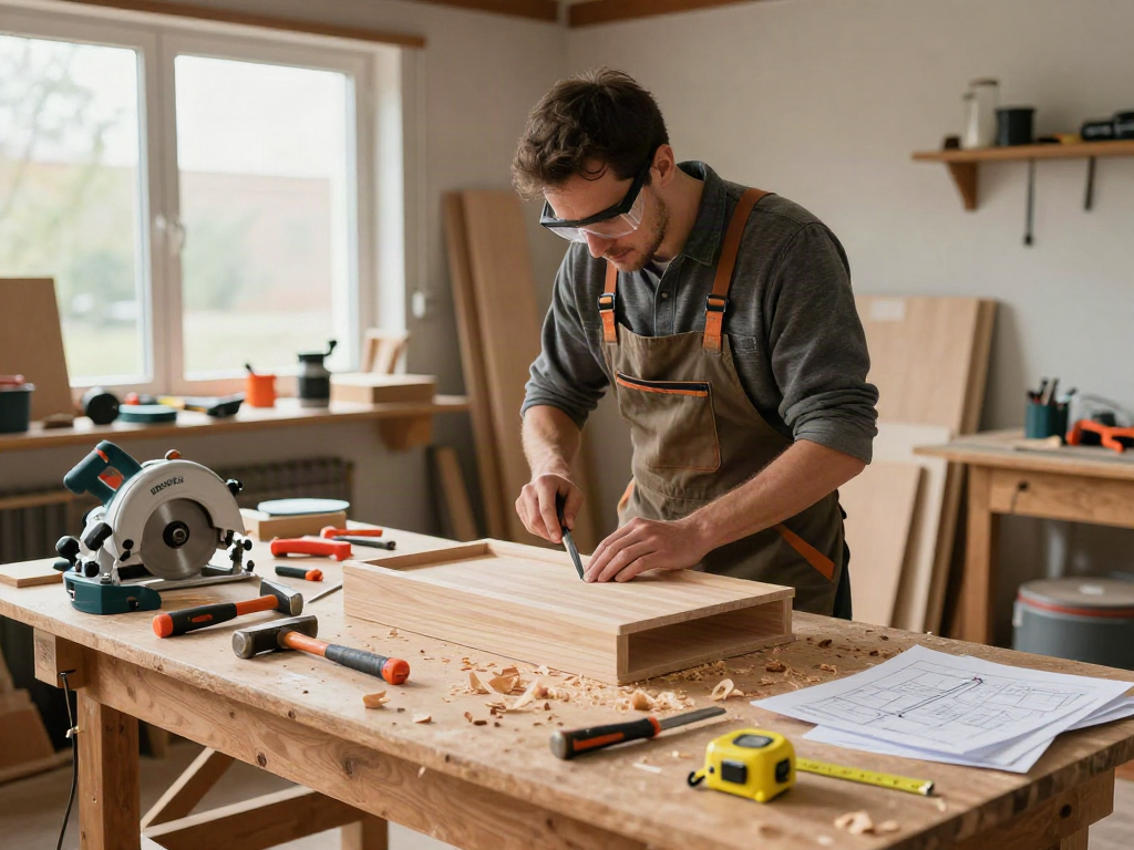 Craftsman using bosch hand tools to build furniture in a workshop