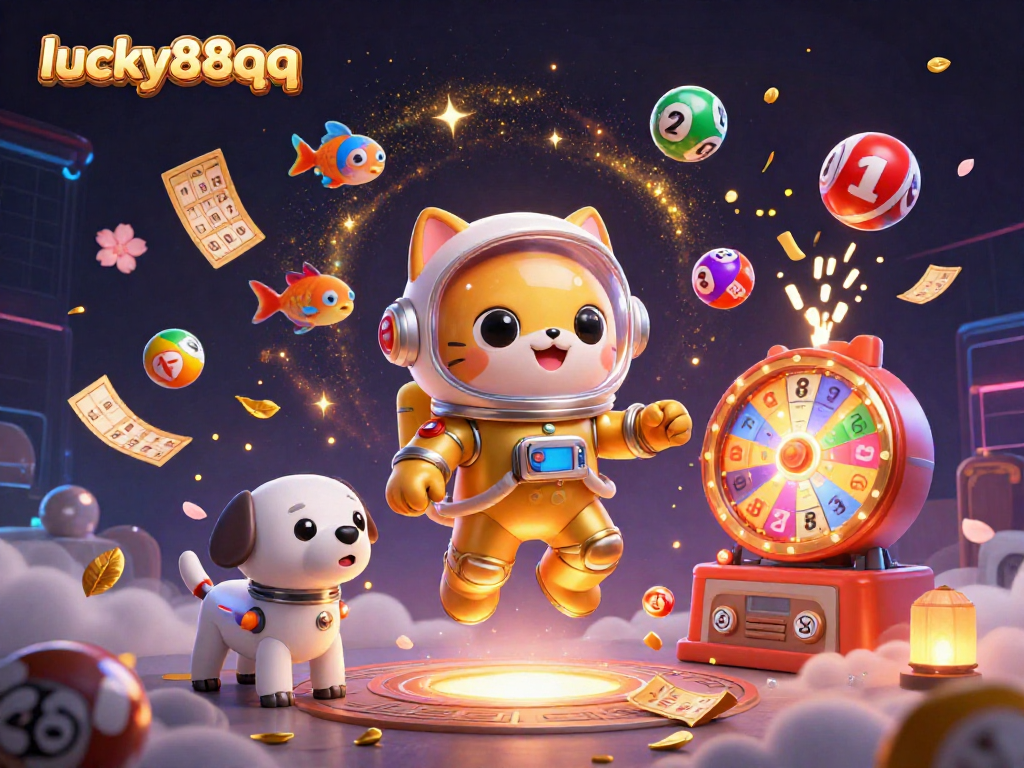 Catch the excitement of lucky88qq with vibrant lottery balls and a playful astronaut cat!