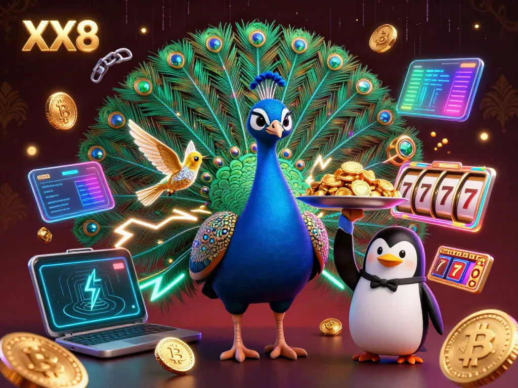 Experience the XX8 themed casino with a dazzling peacock, butler penguin with chips, and hummingbird immersed in vibrant slot elements.