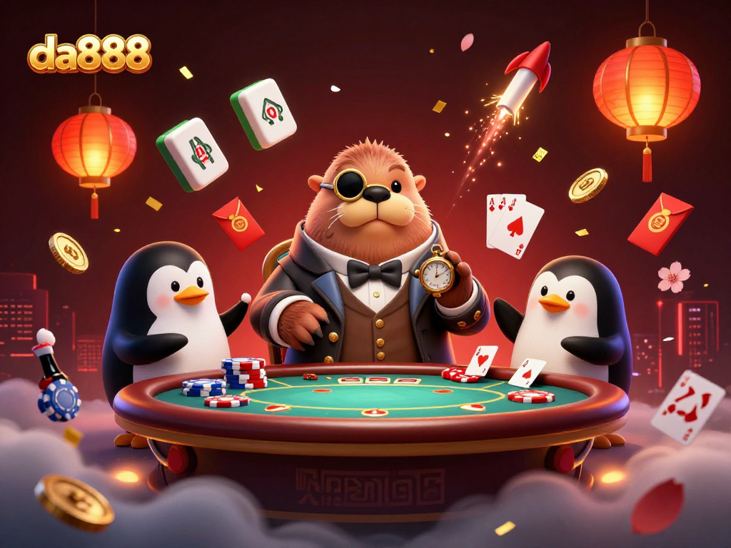 Engage in a thrilling poker game with da888 alongside a jolly walrus and sophisticated dealer.