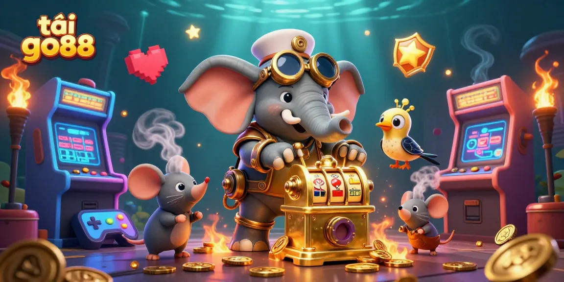 Spin to win with tải go88 on this vibrant 3D casino-themed illustration featuring a steampunk elephant engineer.
