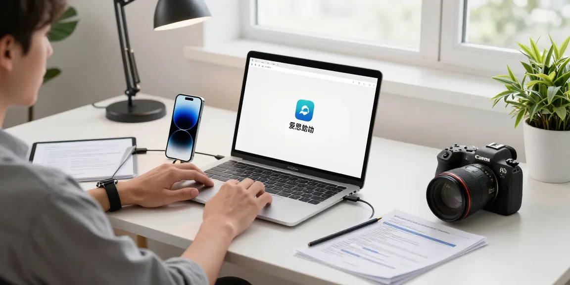爱思助手官网在现代办公室中,用户高效管理iOS设备,展示了多种连接设备和技术文档。