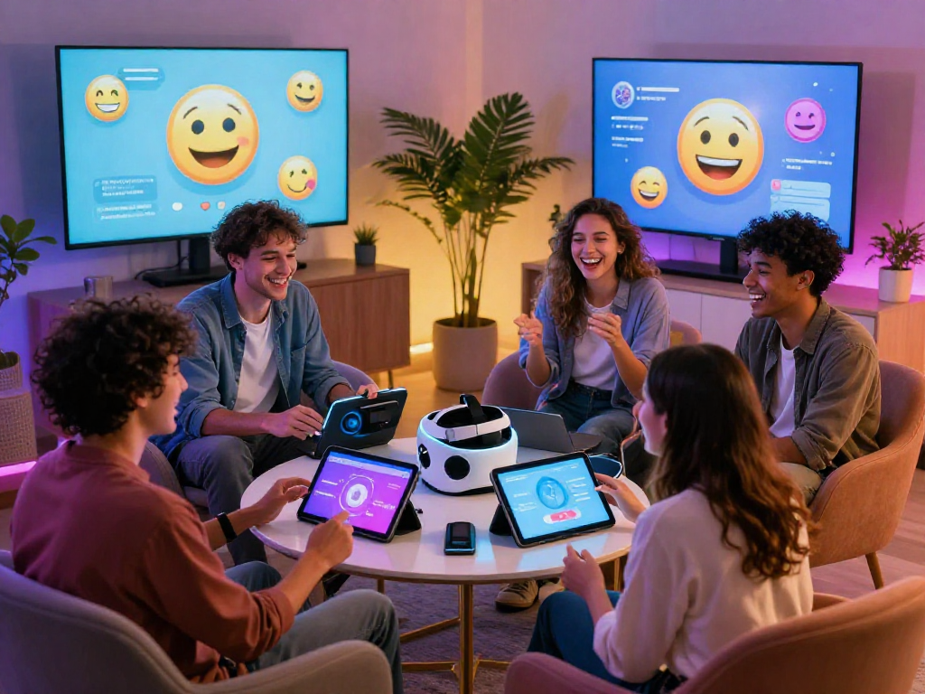 Group of friends enjoying a lively AI sex chat session in a modern space, showcasing digital interaction and social connection.