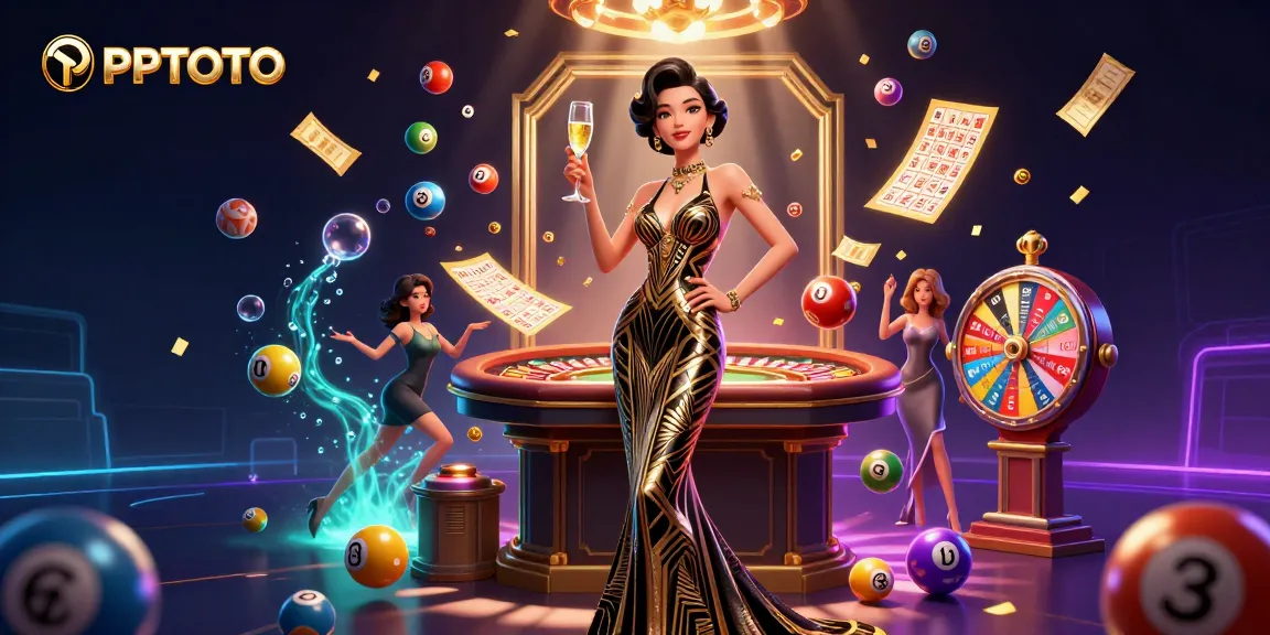 PPTOTO mempromosikan strategi menang yang diilustrasikan dengan adegan kasino yang elegan dengan elemen lotere yang dinamis.