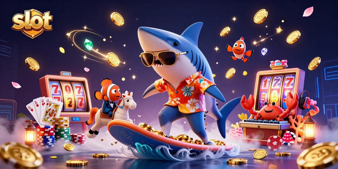 Spin the slot machine with vibrant 3D characters surfing on gold coins and seahorses in a colorful casino scene.