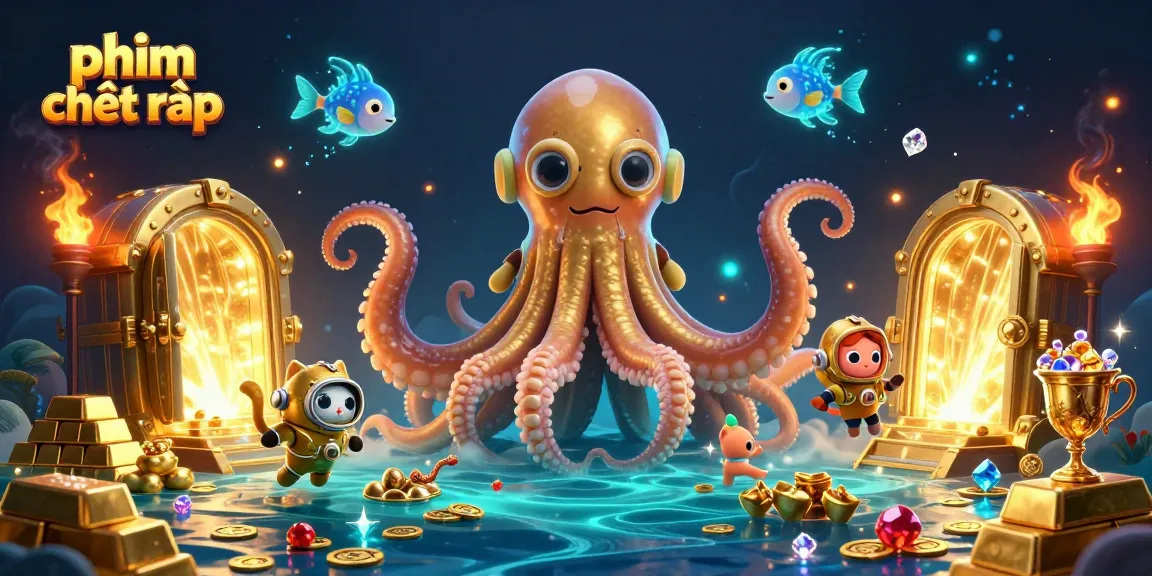 Engage with phim chiếu rạp as the whimsical kraken and diving cat explore a treasure-filled ocean.