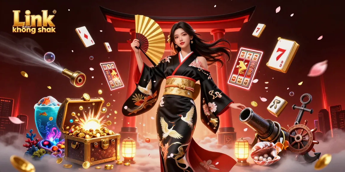 Engage with the Link SHBET không chặn experience featuring a vibrant casino scene of lucky symbols and an elegant character.