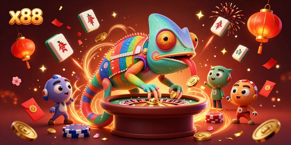 Engage with x88’s vibrant online casino experience featuring a colorful chameleon and festive game elements.