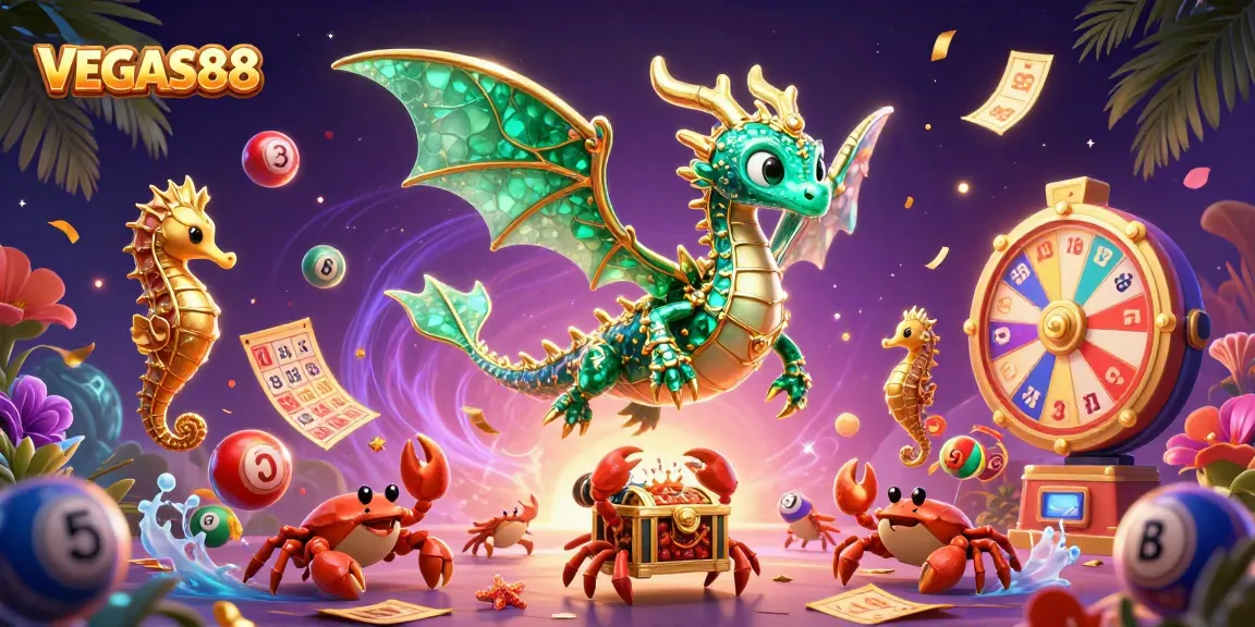 Win big with VEGAS88 in this vibrant, ultra-detailed 3D casino illustration featuring magical elements.
