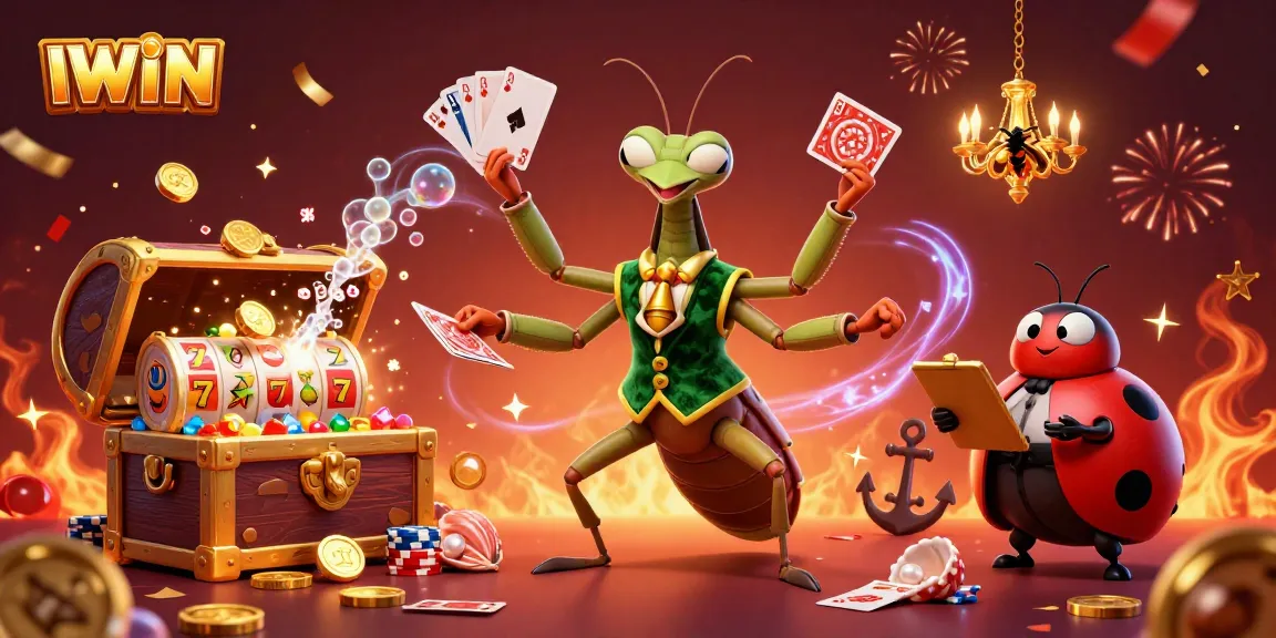 IWIN showcases an exciting casino atmosphere with vibrant characters, spinning slots, and festive decorations.