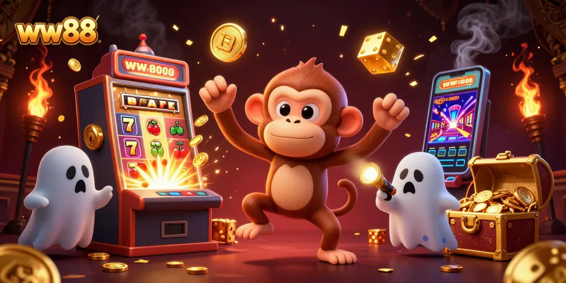 Experience thrilling jackpots with ww88 as the mischievous monkey juggles coins in a vibrant casino scene.