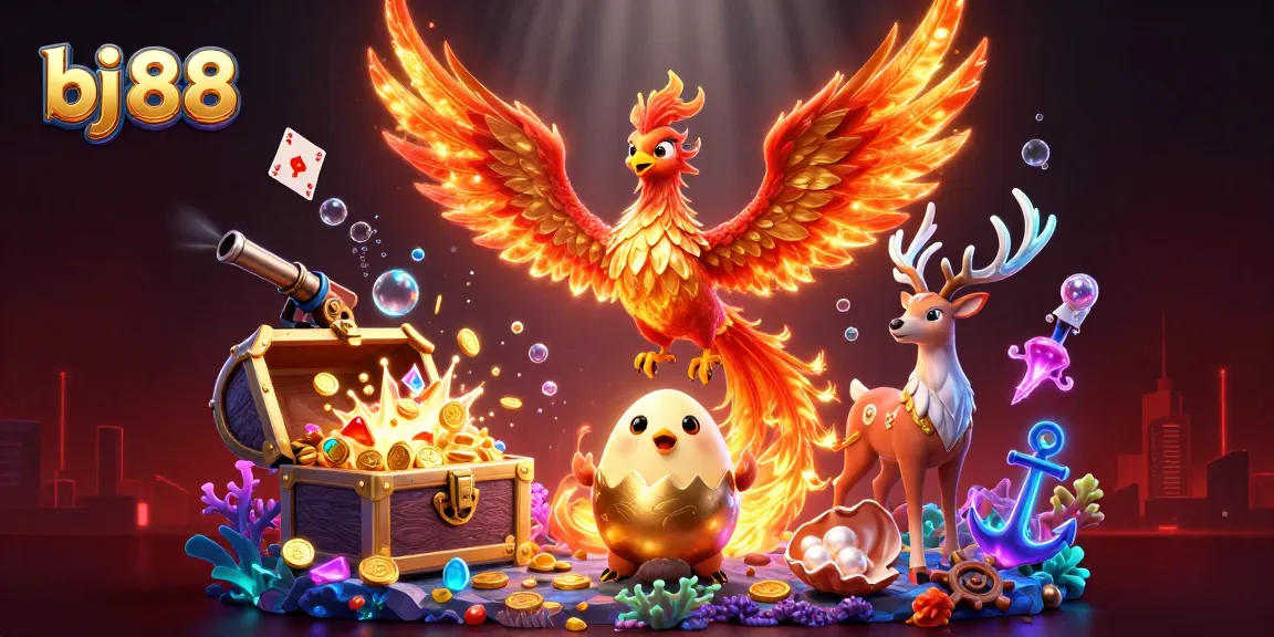 Experience the thrilling adventure of bj 88 with a fire phoenix soaring amidst casino treasures and vibrant elements.