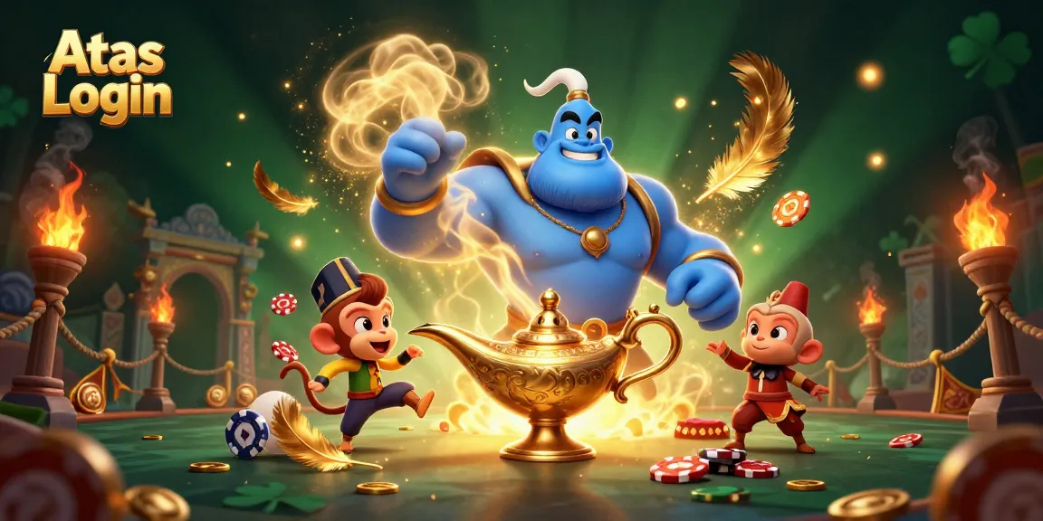 Engage with Atas Login, surrounded by magical casino elements as the genie bursts forth.