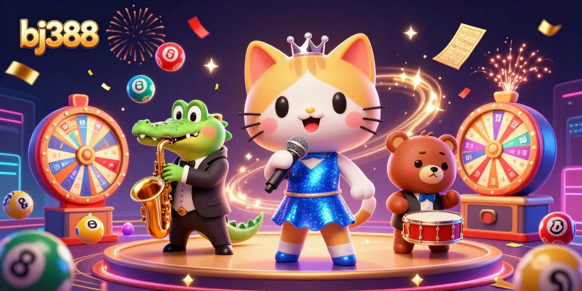 Bet big with bj388, featuring dynamic lottery elements and lively characters in an exciting casino scene.