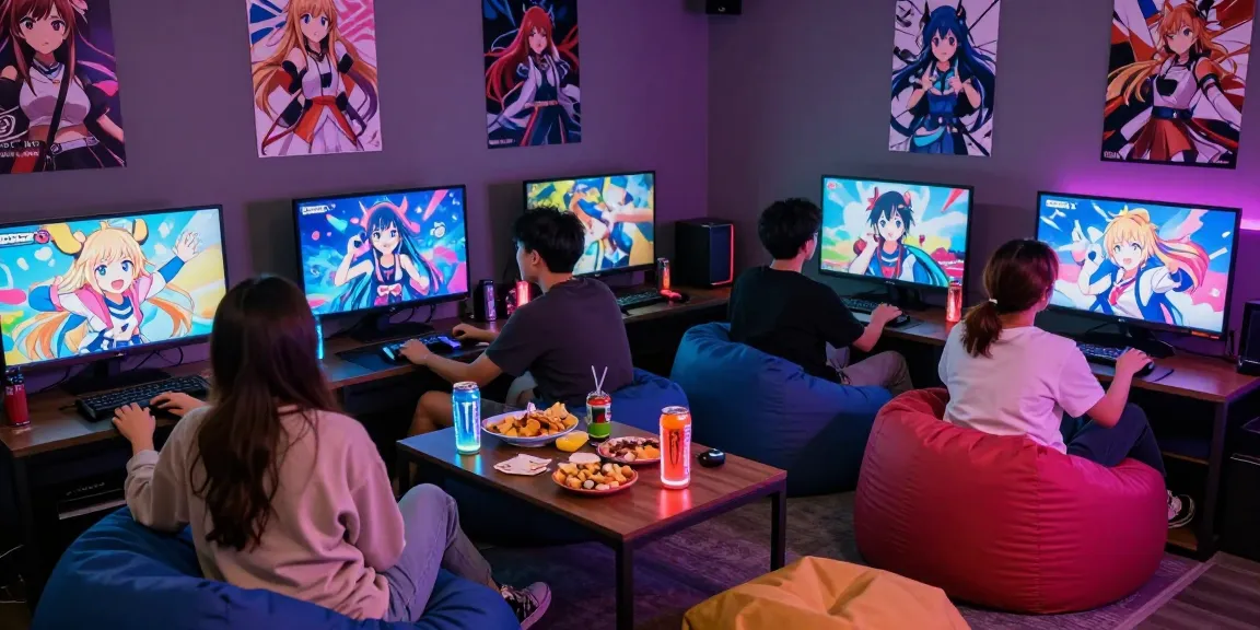 Group enjoying hentai games in a vibrant gaming lounge filled with anime art and snacks.
