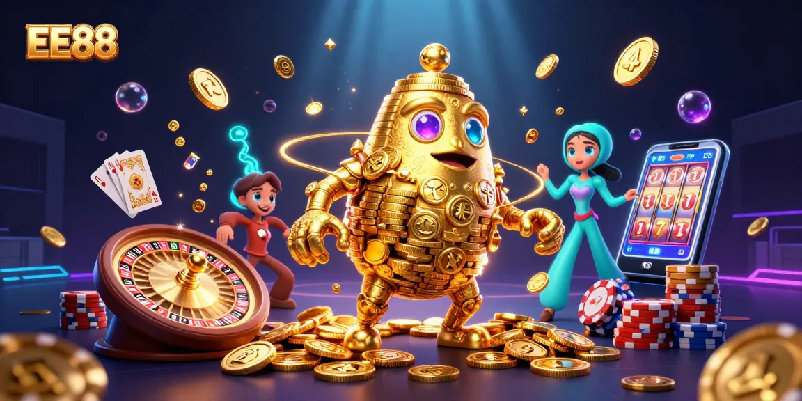 Experience the exciting atmosphere of EE88 with a golden golem surrounded by dynamic casino game elements.