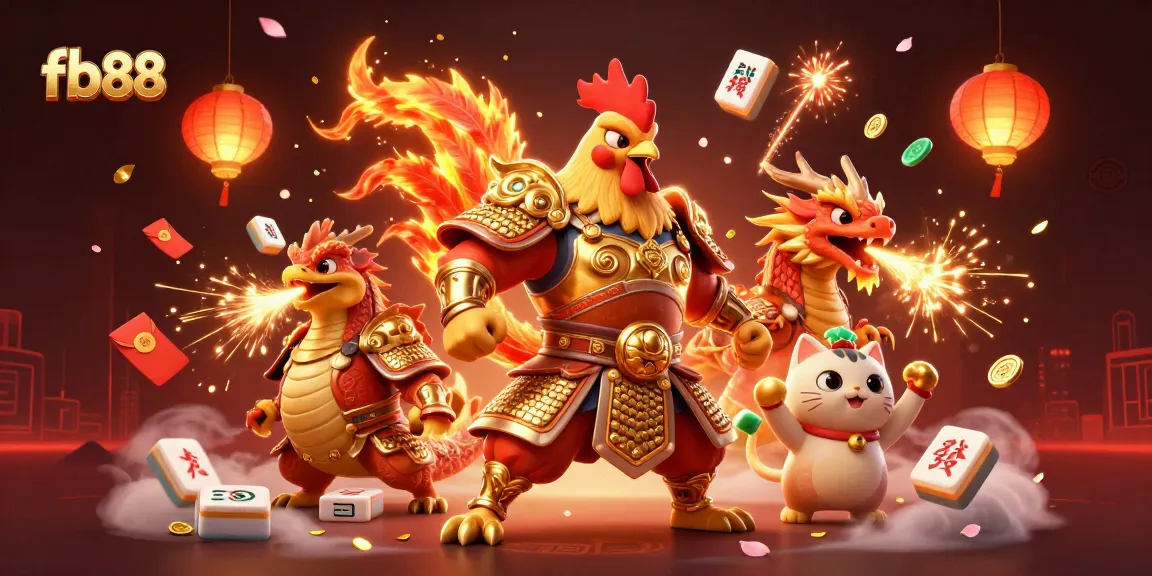 Experience the thrill of gaming with fb88's 3D animated rooster warrior amidst festive symbols and energy.