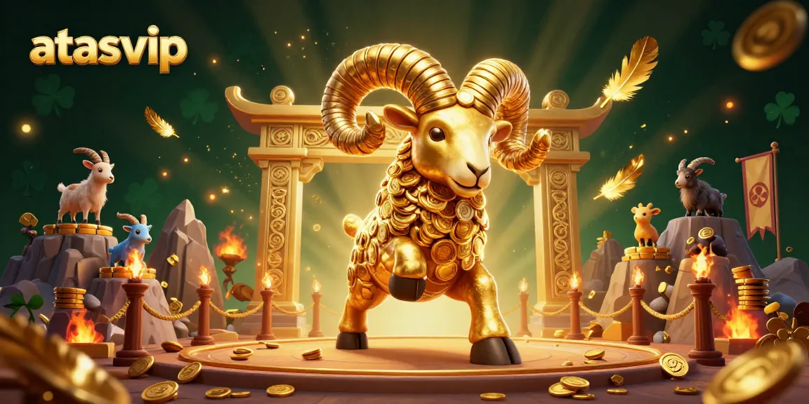 Experience thrilling adventures at atasvip, where a golden ram and mountain goats celebrate gaming action.