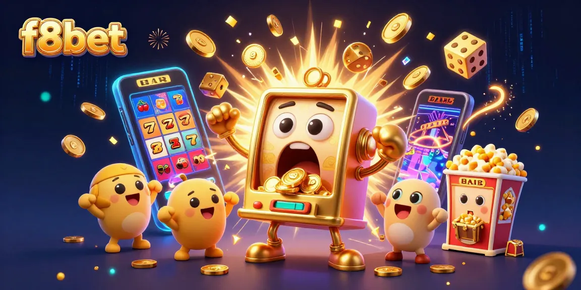 Join the excitement at f8bet as golden slot machines celebrate big wins with a vibrant casino scene.