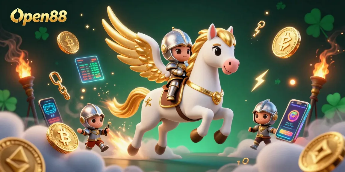 Score big with Open88 as a celestial knight gallops through a colorful casino world.