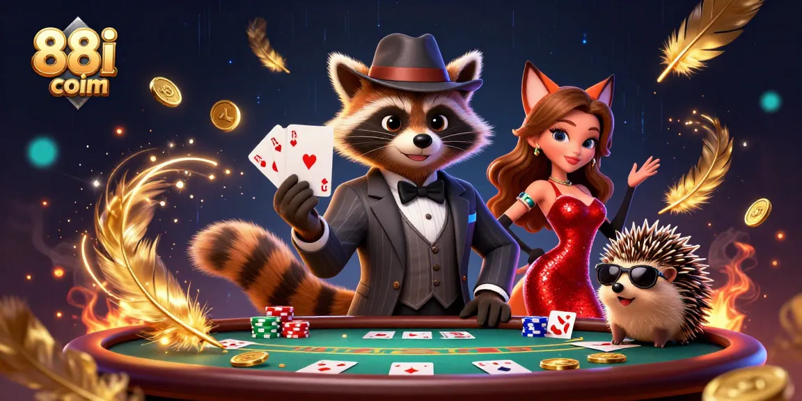 Experience thrilling poker action at 88i coim with a raccoon holding a royal flush amidst sparkling chips.
