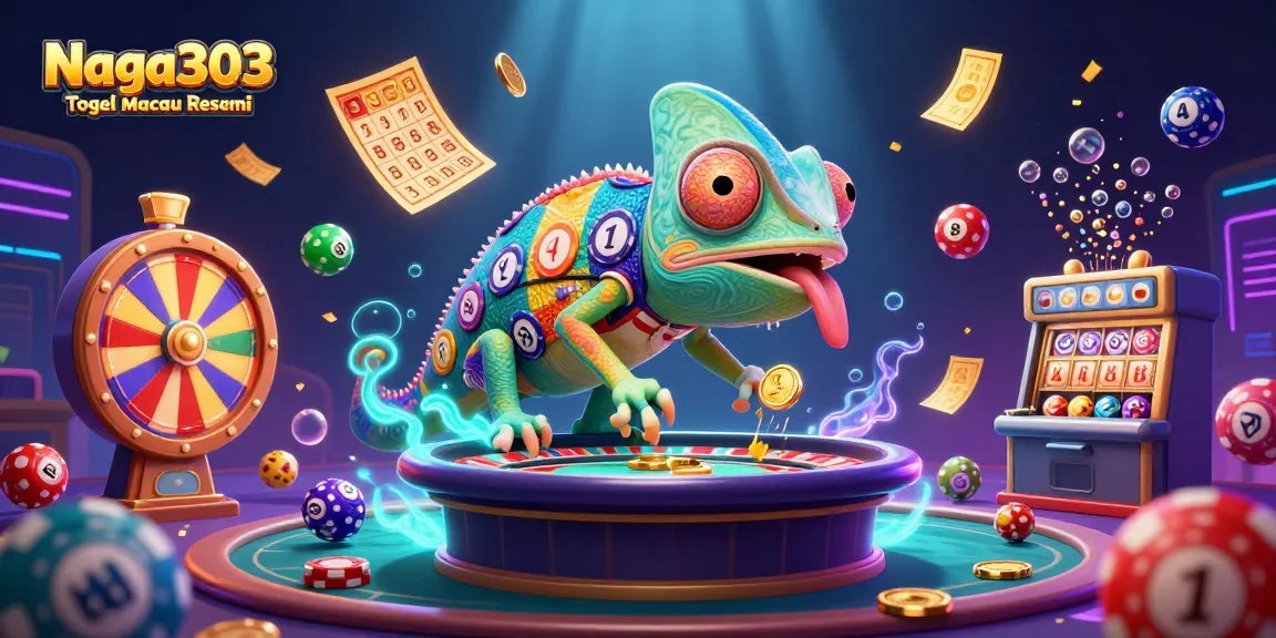 Naga303 Togel Macau Resmi promotes winning with vibrant lottery elements and a chameleon casino owner.