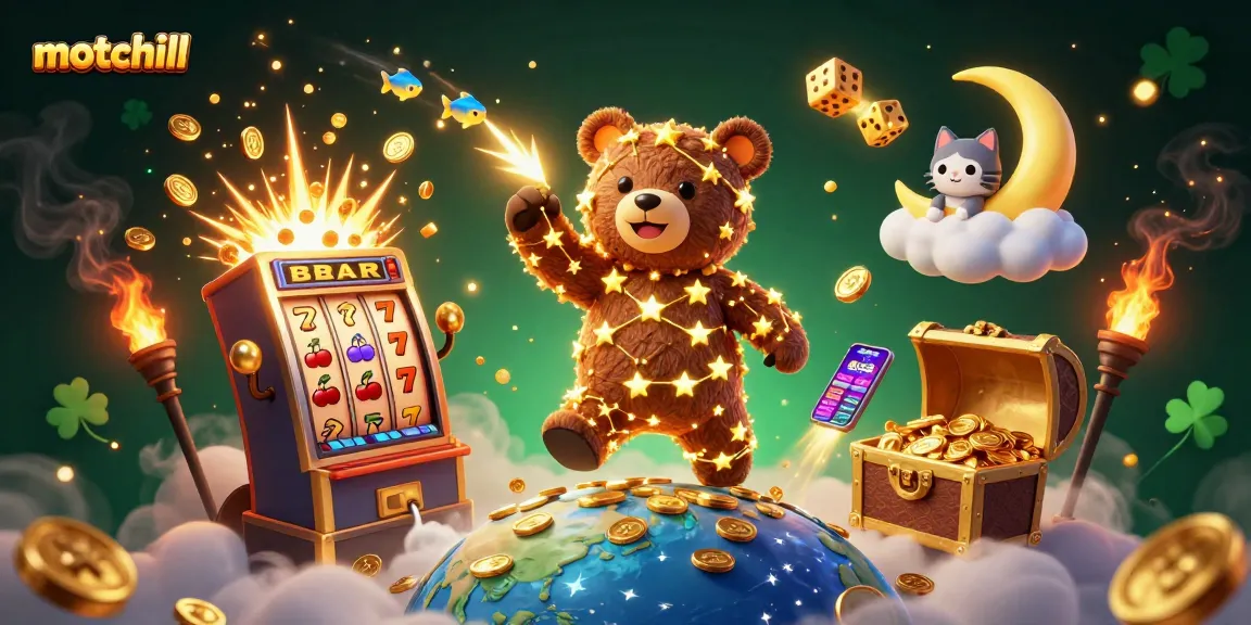 motchill promotes thrilling wins with a golden constellation bear scooping coins from a spectacular casino scene.