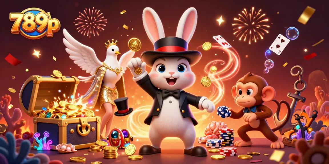 Engage with 789p in this vibrant casino scene featuring a magician rabbit, shining gold coins, and playful characters.