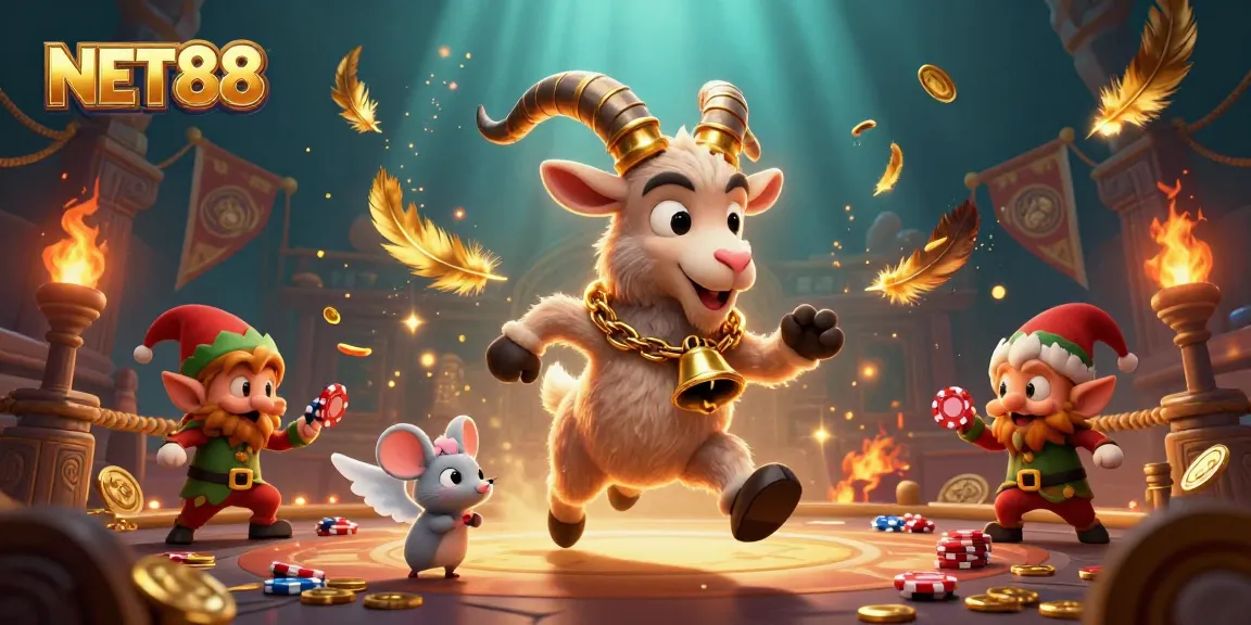 NET88 showcases a lively casino scene with festive characters and gambling action amidst vibrant decorations.