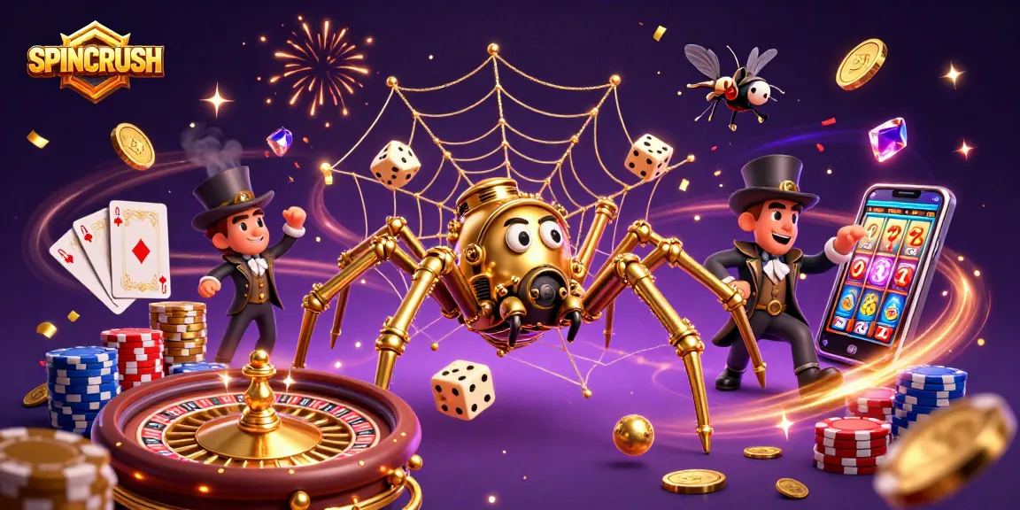 Experience the thrill at SPINCRUSH, where golden coins cascade and lucky symbols align in this vibrant gaming illustration.