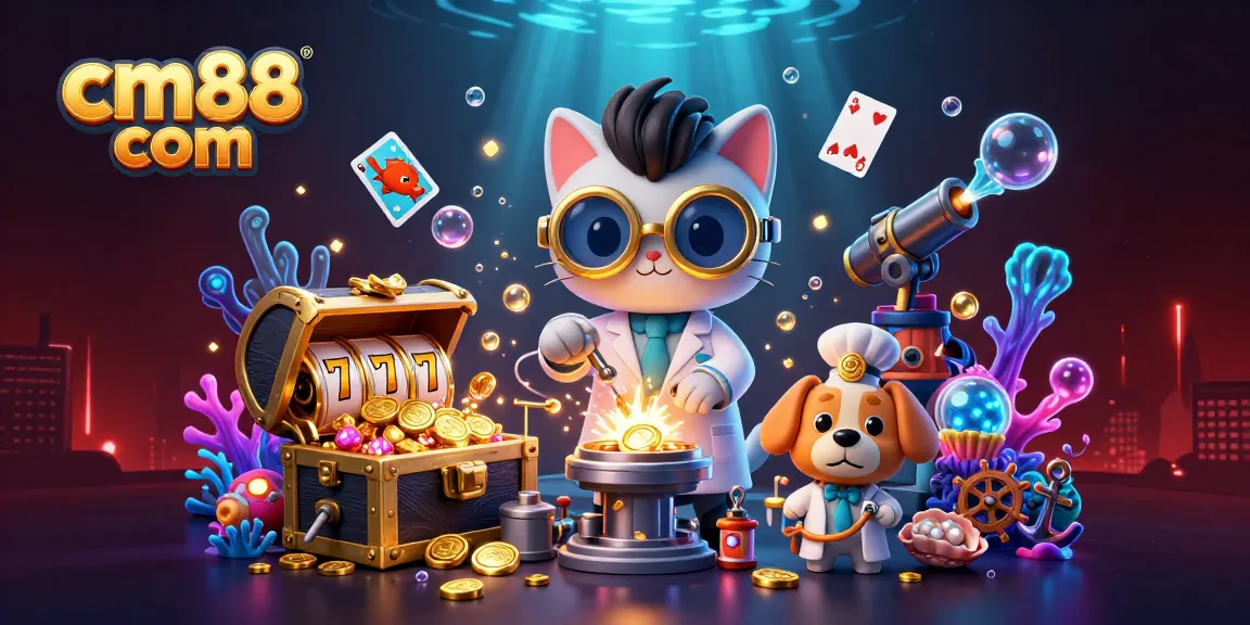 Experience the thrill of cm88 com with mad scientist characters creating gold coins in a vibrant casino scene.