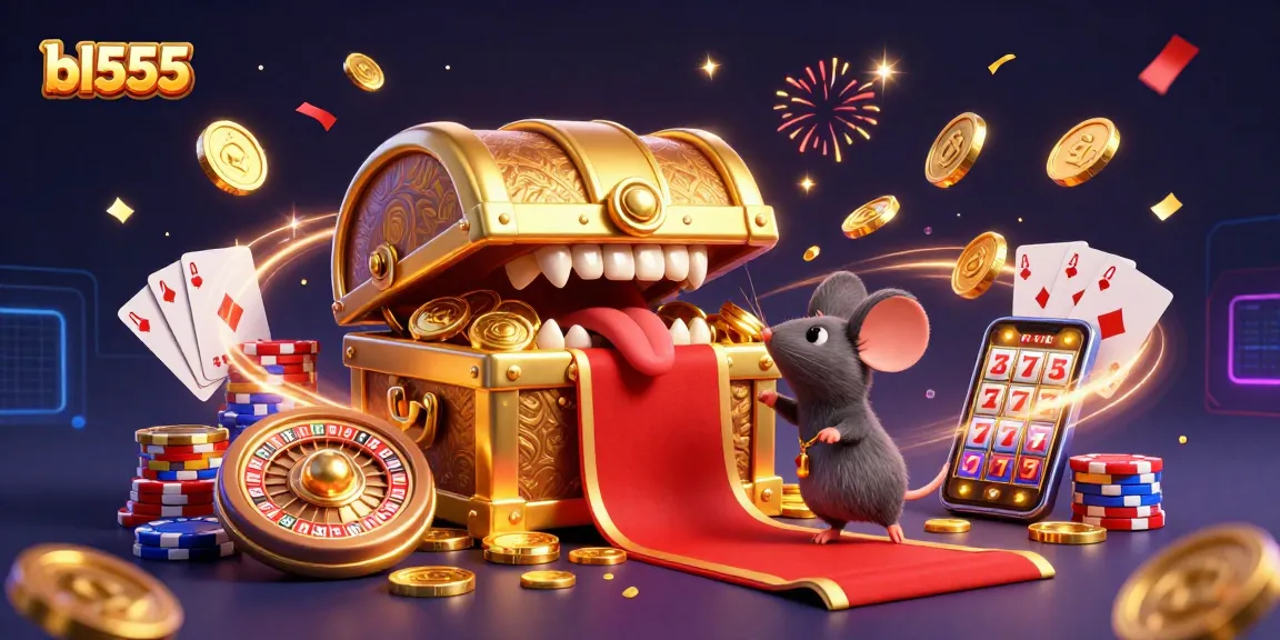 Experience the excitement at bl555 with vibrant casino action featuring treasure chests, coins, and game elements.