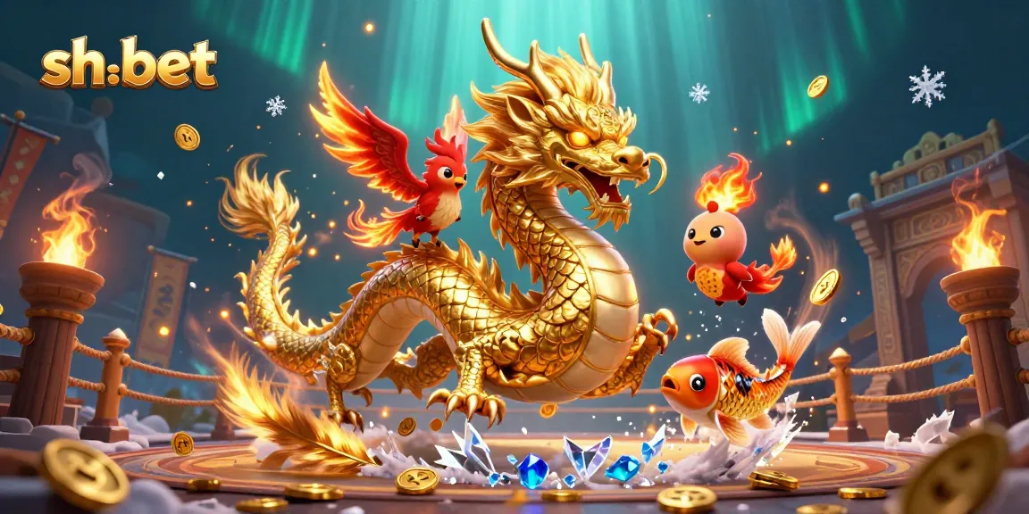 Experience thrilling gaming with sh-bet featuring a vibrant dragon, phoenix, and koi fish amid casino elements.
