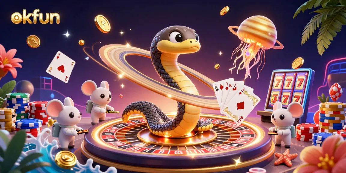 Engage in thrilling games on okfun with cosmic characters in an adventurous casino scene.