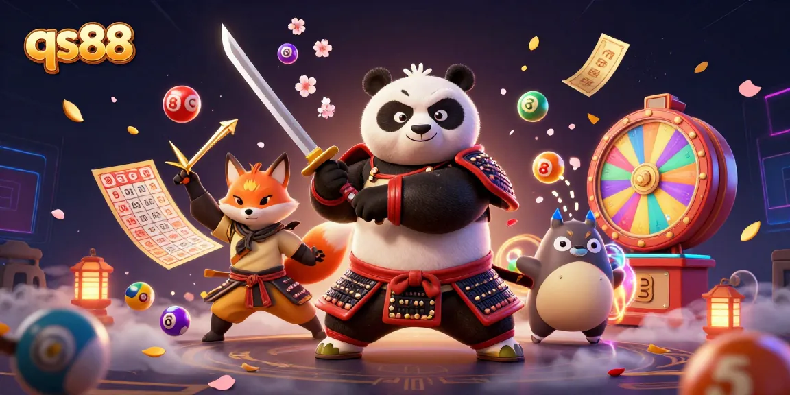Experience thrilling victories with qs88 in this vibrant 3D illustration featuring samurai and ninja, showcasing dynamic lottery elements.