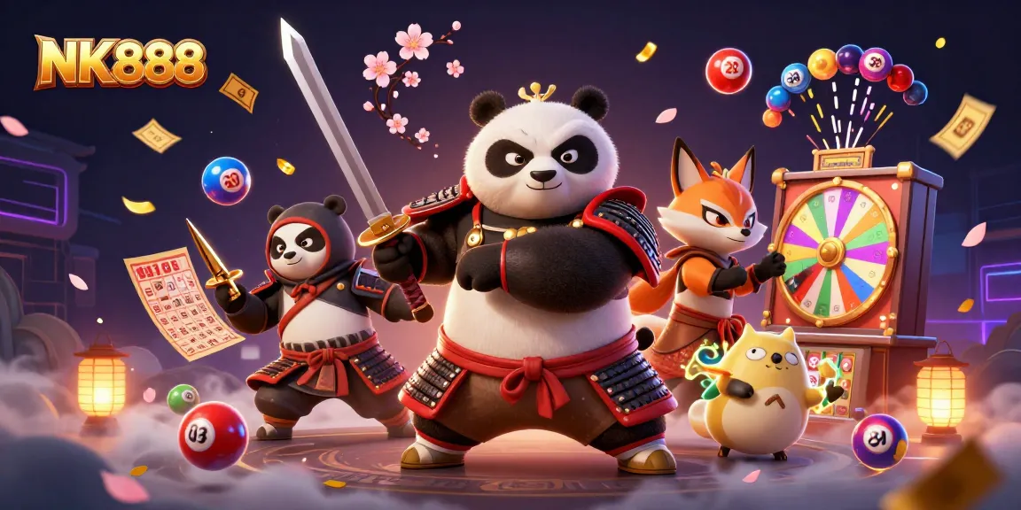 Experience thrilling gameplay at NK888 with a 3D illustration showcasing samurai panda and ninja fox!