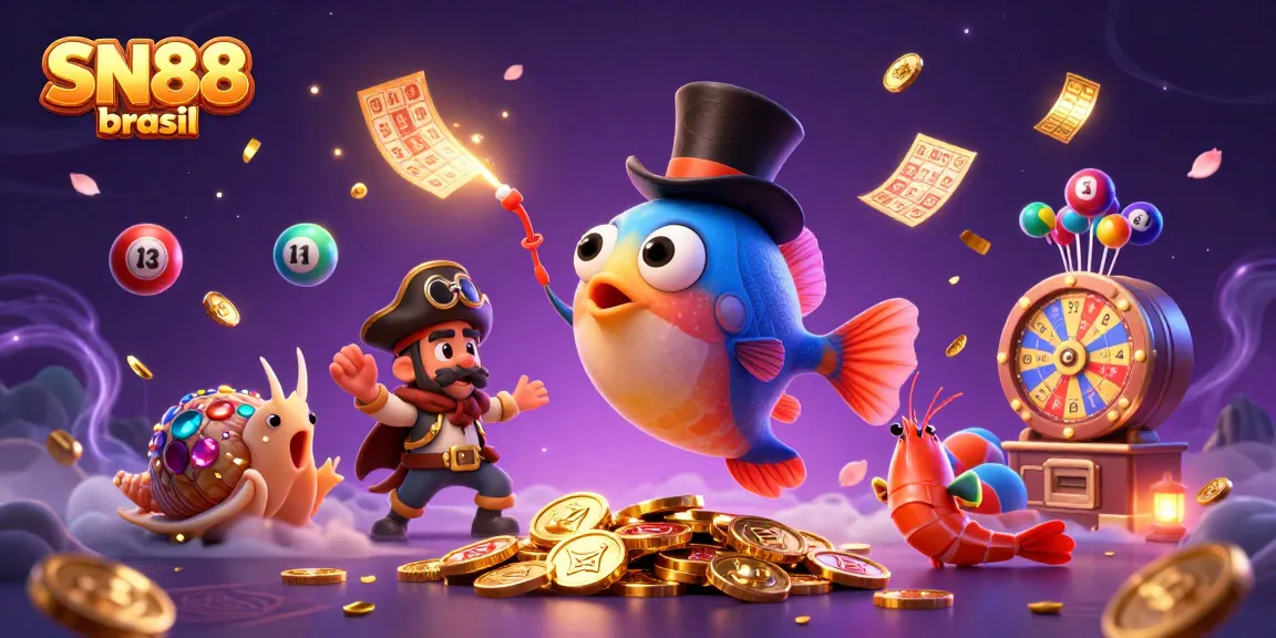 Engage with exciting gaming experiences at SN88 brasil featuring lively illustrations of anglerfish, shrimp, and sea snail.