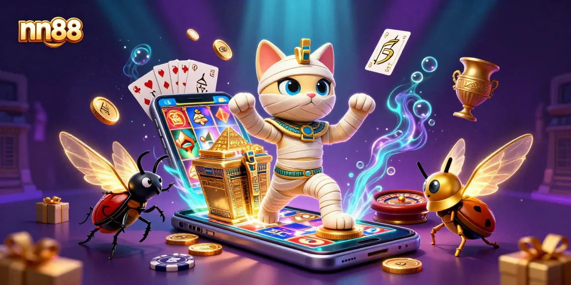 Spin the reels of nn88's vibrant slot games with a whimsical Egyptian mummy cat.