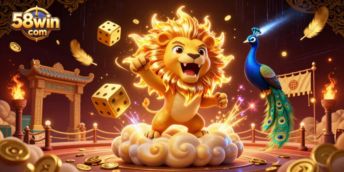 Engage with 58win com as a lion roars triumphantly amidst golden dice, illuminating the vibrant casino atmosphere.