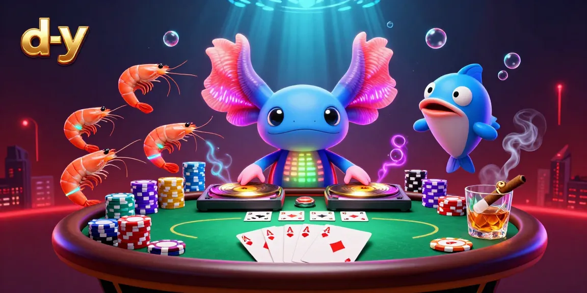 Engage in thrilling gameplay at d-y's vibrant casino atmosphere with neon axolotl DJ.