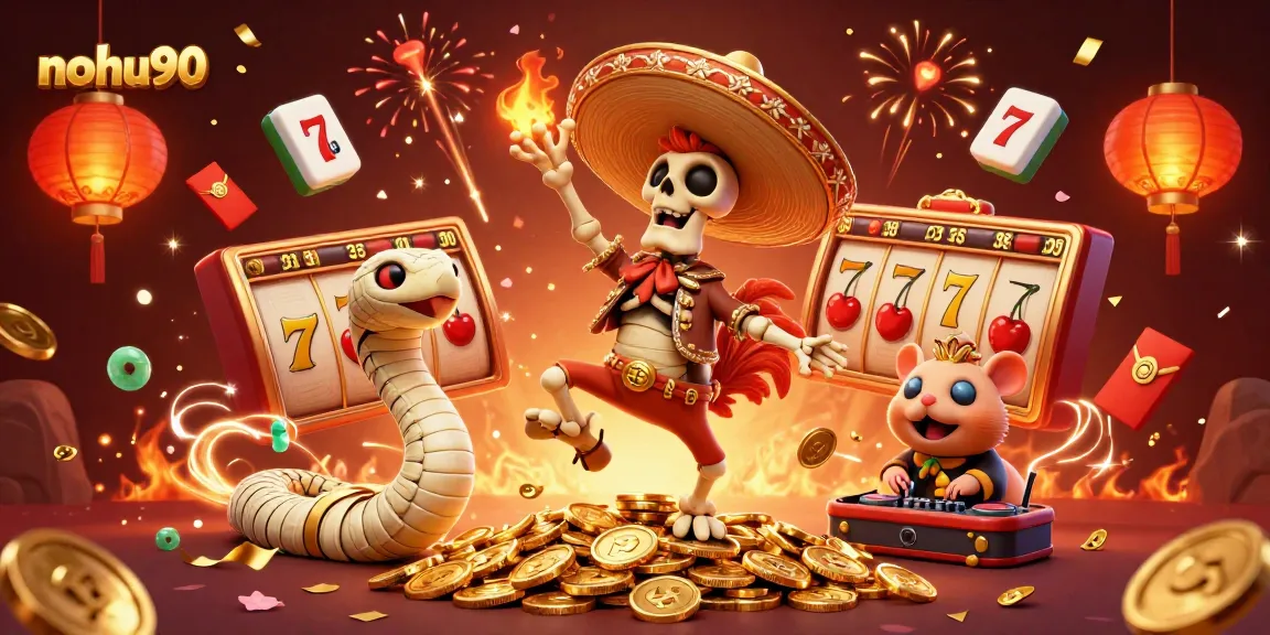 Engaging illustration of nohu90's vibrant casino scene showcasing slots and games with 3D characters celebrating.