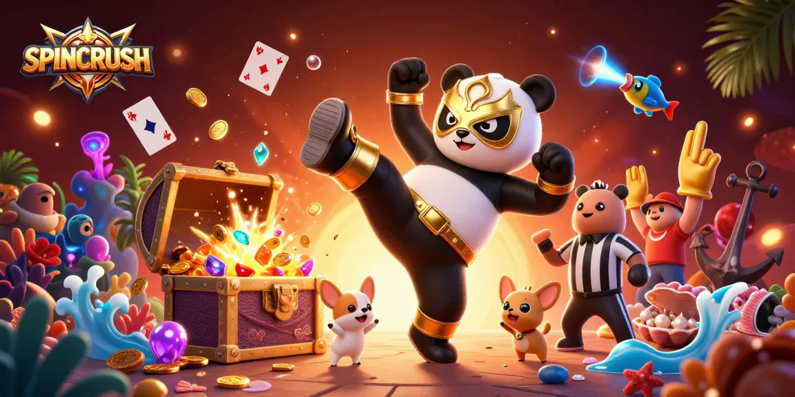 Experience thrilling gameplay at SPINCRUSH with our vibrant 3D illustration featuring a panda and spectators.