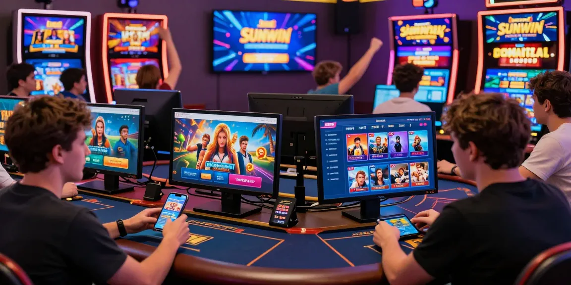 Players enjoying Sunwin games on various devices in a lively gaming atmosphere.