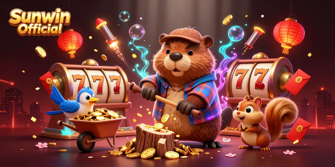 Engage with Sunwin Official at a vibrant casino scene featuring characters collecting golden coins.